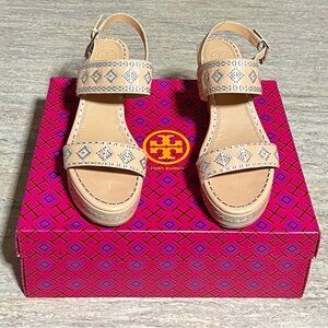 Tory Burch Natural Vachetta Ankle Strap Wedge Calf Leather Sandals